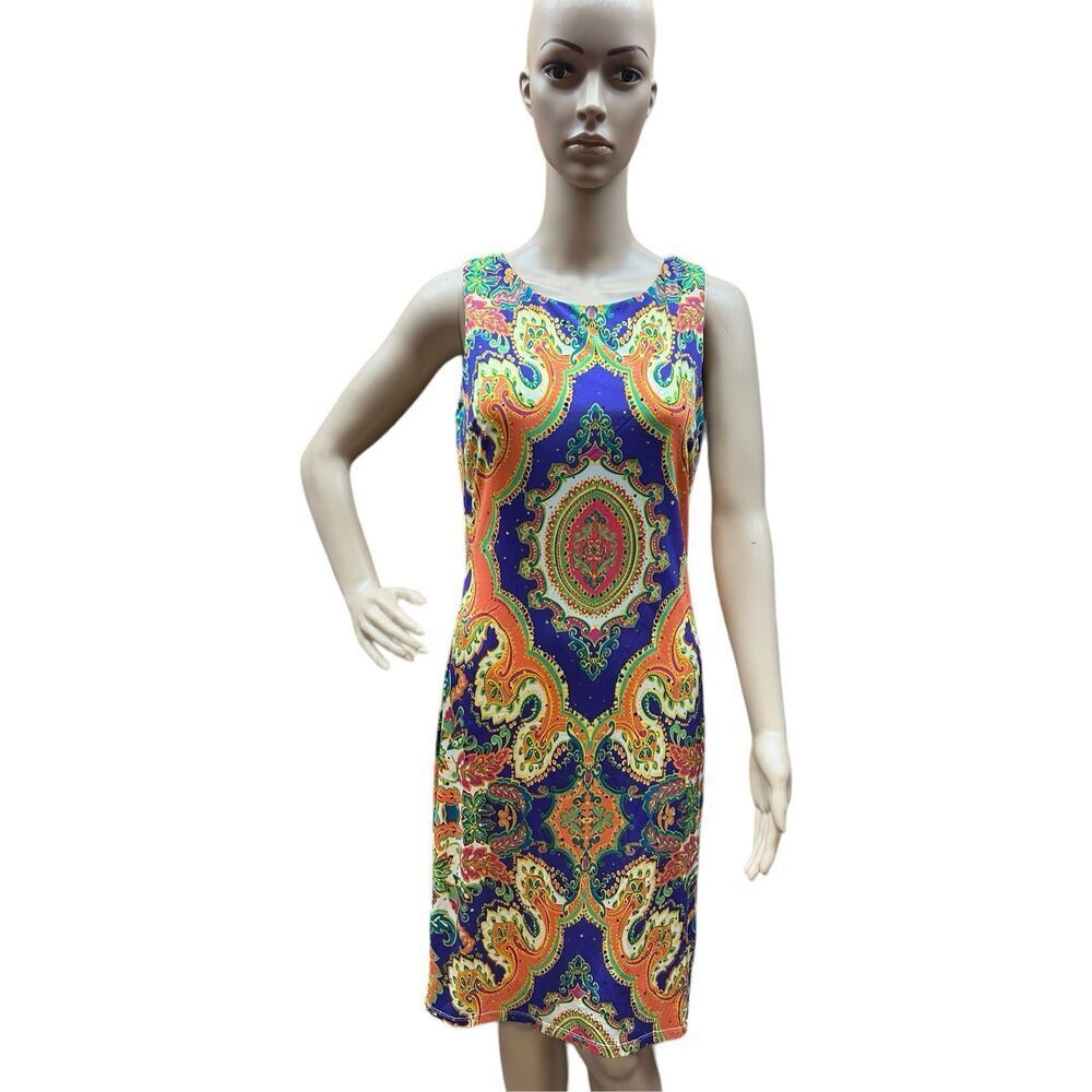 Joseph Ribkoff Sparkly Colorful Floral Abstract Jewel Neckline Dress Size 8